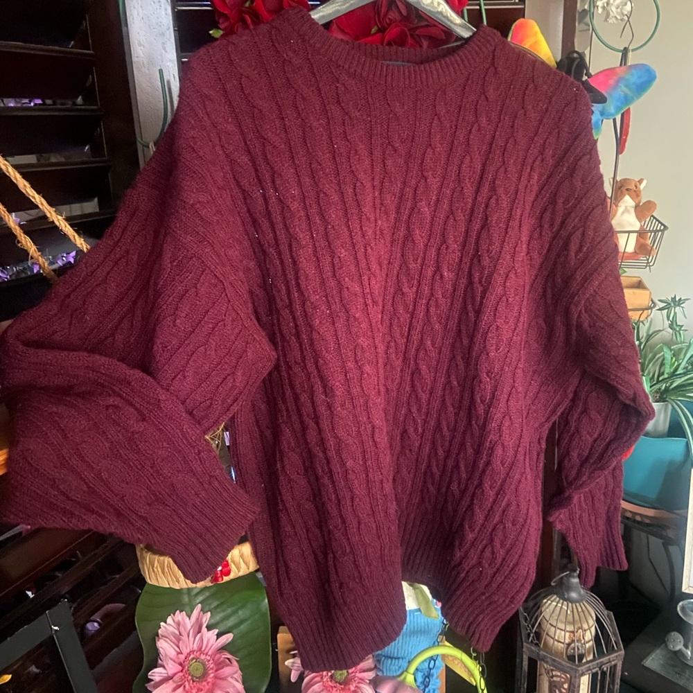 Vintage Burberry’s Crew-Neck Cable Knit Wool Sweater Blue Label Deep Burgundy